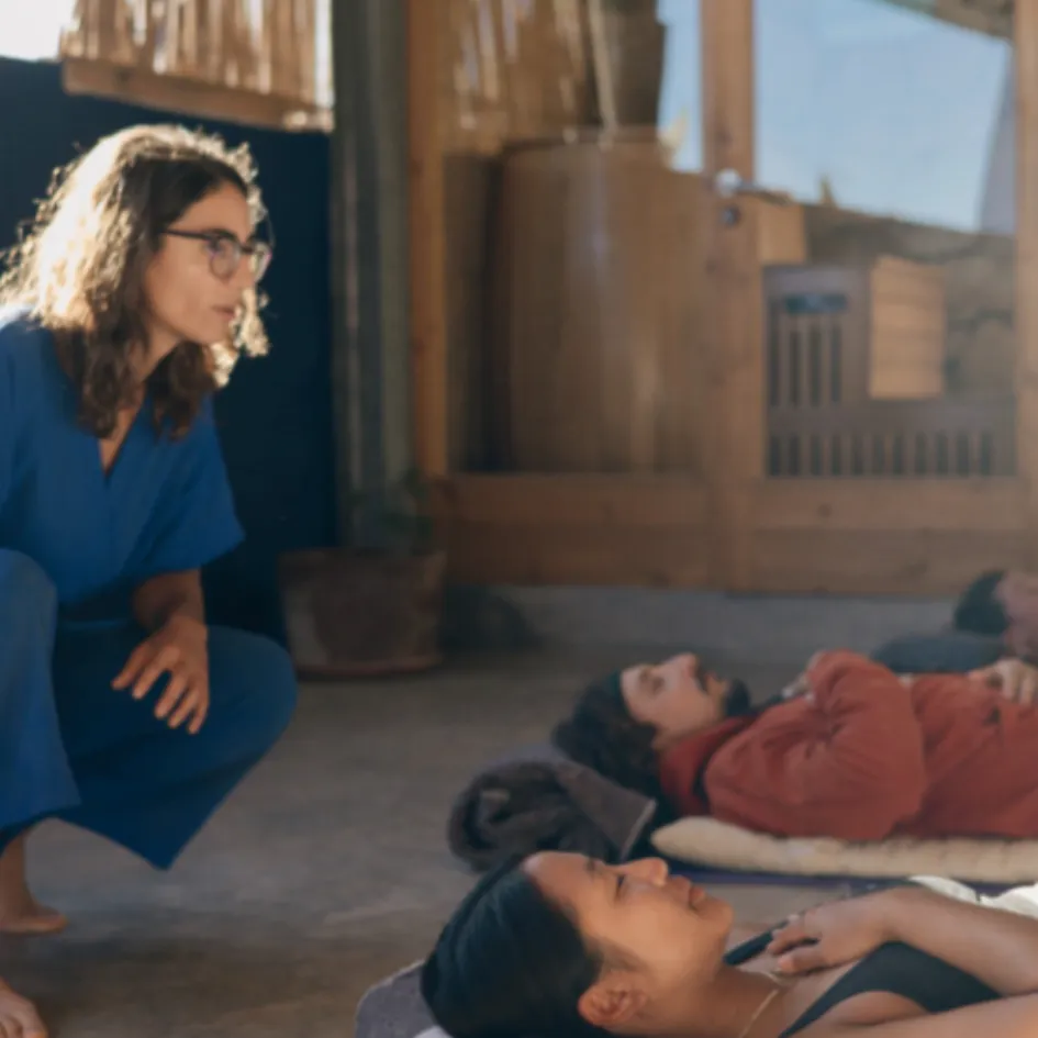 Group breathwork ceremony during a Skena retreat in Tamraght Morocco